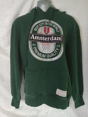 Amsterdam Designs Green Hoodie Heineken Style Beer Label Patch Sz S Holland